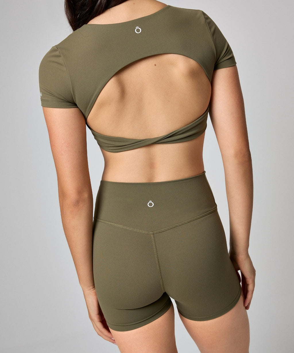 Solene Shorts in Gray Green, back view, ÔNNE activewear